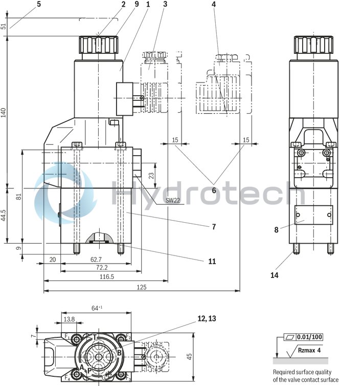 technical illustration-R900212093-2/2-, 3/2- or 4/2-way version Porting pattern according to DIN 24340 form A Porting pattern according to ISO&nbsp;4401-03-02-0-05 Air-gap DC solenoids with detachable coil Solenoid coil is rotatable by 90° The coil can be changed without having to open the pressure-tight chamber Electrical connection as individual connection Optional auxiliary operating device Inductive position switch and proximity sensors (contactless)
