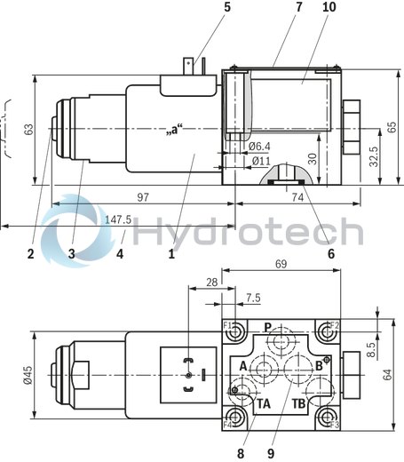 technical illustration-R901271163-3/2- or 4/2-way version Porting pattern according to ISO&nbsp;4401-05-04-0-05 Wet-pin DC solenoids Safe switching also with longer standstill periods under pressure Solenoid coil can be rotated by 90&deg; Electrical connection with individual connection With manual override, optional