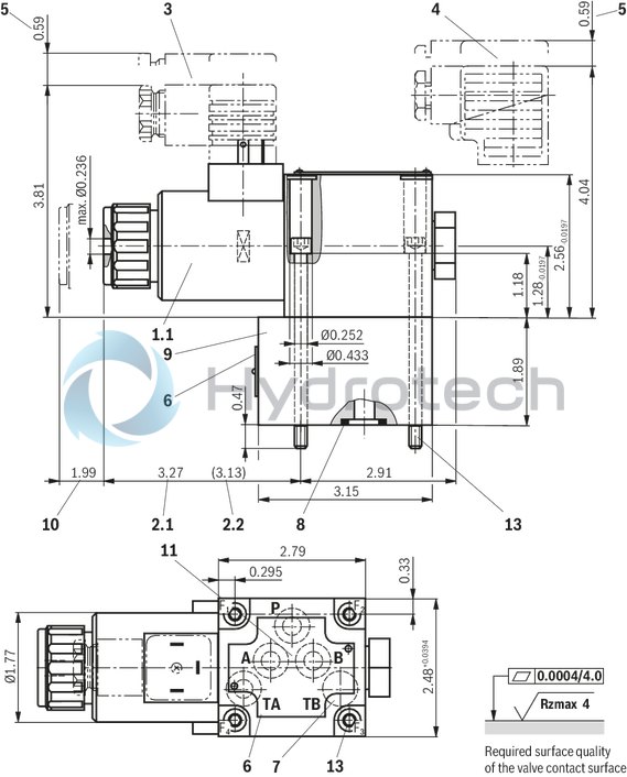 technical illustration-R901351760-Direct operated directional seat valve with solenoid actuation Subplates (separate order) Blocked connection is leak-tight Reliable switching when under pressure over longer periods of standstill Wet-pin DC solenoids with detachable coil (AC voltage possible by means of a rectifier) Solenoid coil is rotatable by 90&deg; The coil can be changed without having to open the pressure-tight chamber Electrical connection as individual connection With concealed manual override, optional Inductive position switch and proximity sensors (contactless)