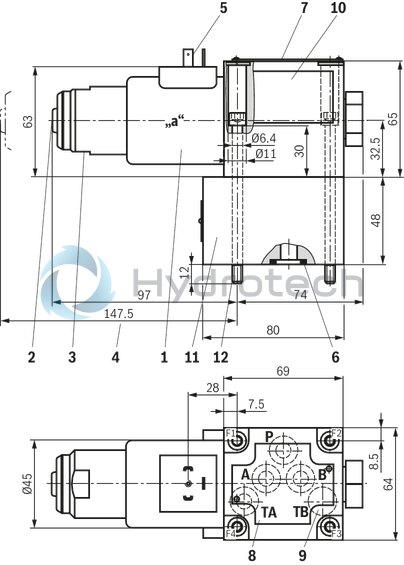 technical illustration-R901271163-3/2- or 4/2-way version Porting pattern according to ISO&nbsp;4401-05-04-0-05 Wet-pin DC solenoids Safe switching also with longer standstill periods under pressure Solenoid coil can be rotated by 90&deg; Electrical connection with individual connection With manual override, optional