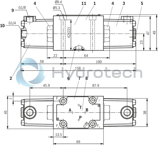 technical illustration-R901364241-Direct operated directional spool valve Operating methods: pneumatic Porting pattern according to DIN&nbsp;24340 form A (without locating hole) Porting pattern according to ISO&nbsp;4401-03-02-0-05 (with locating hole) Subplates see data sheet 45052 (separate order) Inductive position switch and proximity sensors (contactless)