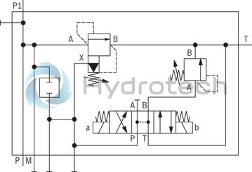 technical illustration-R901411097-Zero-pressure start-up and circulation of the pump Intended for direct mounting onto the SAE pressure port of the pump Low circulation pressure due to short distance Low compression volume for soft switching to depressurized circulation Quick pressure build-up 4 adjustment types for pressure adjustment, optionally<br>
&bull; Rotary knob<br>
&bull; Sleeve with hexagon and protective cap<br>
&bull; Lockable rotary knob with scale<br>
&bull; Rotary knob with scale 5 pressure ratings, optional Low noise level due to direct flange mounting at the pump
