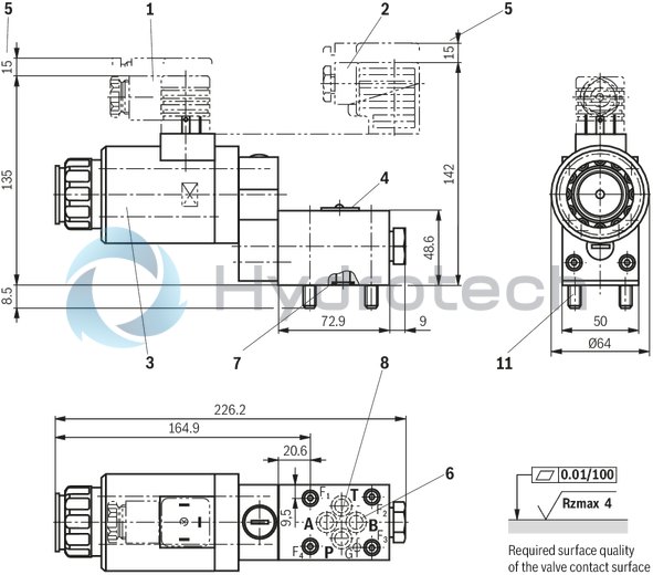 technical illustration-R901179659-Direct operated directional seat valve with solenoid actuation Porting pattern according to ISO&nbsp;4401-03-02-0-05 (with locating hole) Air-gap DC solenoid Electrical connection as individual connection Blocked port is leak-free closed Safe switching also with longer standstill periods under pressure