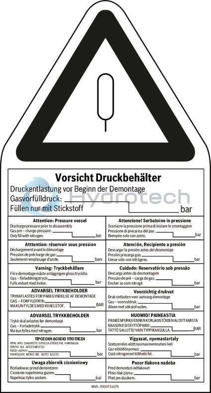 technical illustration-R901488640-Accumulator station with shut-off block Bladder-type accumulators Shut-off block with integrated shut-off valve, safety valve (type-examination tested) and drain valve Drain valve can be operated manually or optionally electrically Glycerin-filled pressure gauge with red indication of the maximum admissible operating pressure on the dial Console for weld or screw connection Assembly prepared for external equipotential bonding
