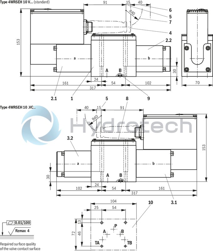 technical illustration-R901103271-Direct operated high-response directional valve with integrated control electronics (OBE) for the control of flow direction and size Suitable for position, velocity and pressure control purposes Operation by means of control solenoids Electrical position feedback High response sensitivity and low hysteresis Integrated electronics (OBE) For subplate mounting: Porting pattern according to DIN 24340 form A and ISO 4401 With Fail-safe position for 4/4-directional control valve