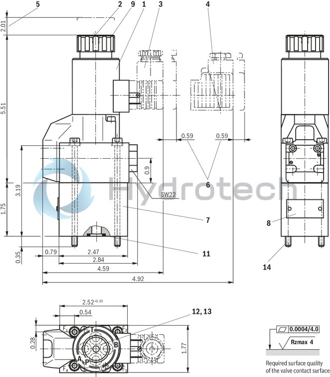 technical illustration-R900212093-2/2-, 3/2- or 4/2-way version Porting pattern according to DIN 24340 form A Porting pattern according to ISO&nbsp;4401-03-02-0-05 Air-gap DC solenoids with detachable coil Solenoid coil is rotatable by 90° The coil can be changed without having to open the pressure-tight chamber Electrical connection as individual connection Optional auxiliary operating device Inductive position switch and proximity sensors (contactless)

