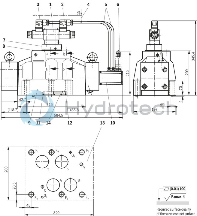 technical illustration-R900727476-Pilot-operated 2-stage proportional directional valves with electrical position feedback of the main control spool and integrated electronics (OBE) Control of flow direction and size Proportional solenoid operation For subplate mounting: Porting pattern according to ISO 4401 Electrical position feedback Spring-centered main control spool Pilot control valve: single-stage proportional directional valve Main stage with position control

