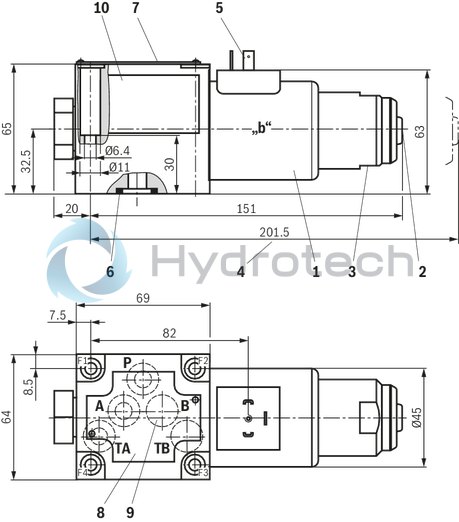 technical illustration-R901271163-3/2- or 4/2-way version Porting pattern according to ISO&nbsp;4401-05-04-0-05 Wet-pin DC solenoids Safe switching also with longer standstill periods under pressure Solenoid coil can be rotated by 90&deg; Electrical connection with individual connection With manual override, optional