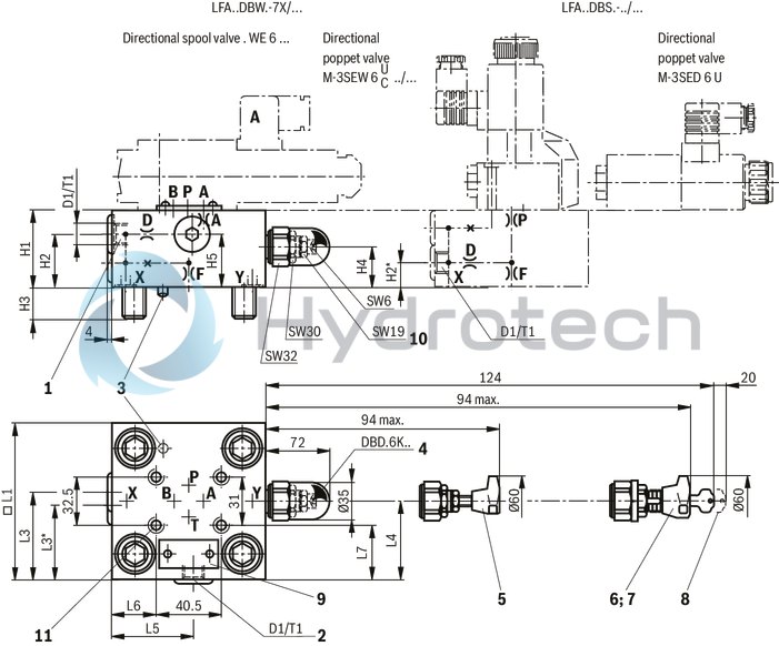 technical illustration-R900912804-Size 16, manual maximum pressure adjustment that can be switched off, with installation surface ISO4401