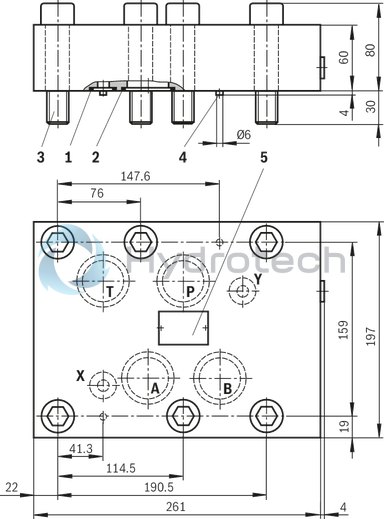 technical illustration-R901196749-Valve to control position, force, pressure or velocity 3-stage servo valve with electrical position control of the control spool of the 3rd stage, position sensing of the control spool by means of an inductive position transducer 2-stage pilot control valve of size 6 with high dynamics 1st stage nozzle/flapper plate amplifier Filter for 1st stage freely accessible and replaceable from the outside For subplate mounting: Porting pattern according to ISO 4401 Can also be used as 3-way version Valve and integrated control electronics are adjusted and tested Optimized valve control loop High response sensitivity, very low hysteresis and zero point drift Internal or external pilot oil supply and pilot oil return available Gap seals at pressure chambers of the control sleeve, no O-ring wear