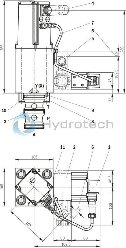 technical illustration-R901212336-High-response valve in block installation design Suitable for position, pressure, force and velocity control Pilot valve: 2-stage, mechanically returned Sercos valve NG6 or 10, trimmed, opens the main stage from A to T in case of power failure and applied pilot pressure Main stage with position control Integrated electronics (OBE) Typical applications:<br>
Presses<br>
Die casting machines<br>
Nibbling axes