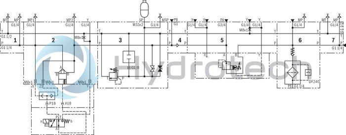 technical illustration-R900773110-Modular block system for set-up of controls in a compact construction, ready for connection Different sizes of one frame size can be combined in any order Pressure and tank ports for all control circuits on both front sides of the mounted IH20 stacking assemblies Separate actuator ports A and B per control circuit The material number includes the respective segment with all plug screws and seals Functional elements such as valves or nozzles are not included For detailed circuit diagrams and device lists of a complete IH20 stacking assembly see the respective order documentation