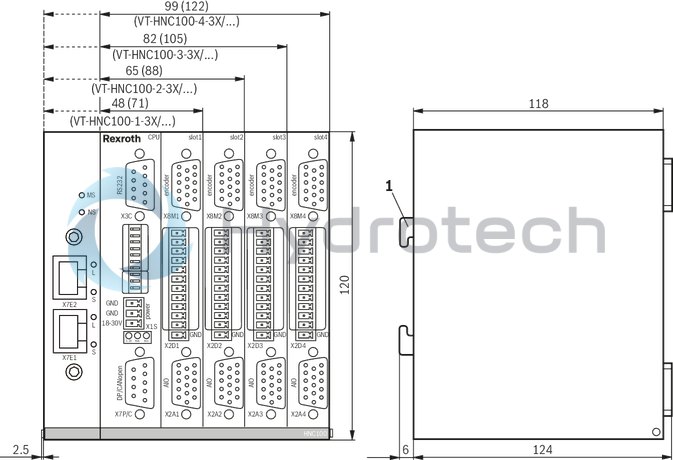 technical illustration-R901134616-For controlling 1 to 4 axes NC programming WinPed 7 operating software<br>
Not released for Windows 10! CE conformity according to EMC directive 2004/108/EC Freely configurable controller variants<br>
- Position control<br>
- Force control<br>
- Pressure control<br>
- Alternating position/pressure or position/force controls<br>
- Velocity control<br>
- Path-dependent decelerating<br>
- Synchronism (master/slave or mean principle) Bus connection (Sercos, PROFINET RT, EtherNet/IP) Actual value detection<br>
- Positional transducer: Incremental<br>
- Positional transducer: Absolute (SSI)<br>
‑ Analog 0 to &plusmn;10 V and 0 (4) to 20 mA Actuating variable output: voltage or current Service interface: RS232, optional TCP/IP