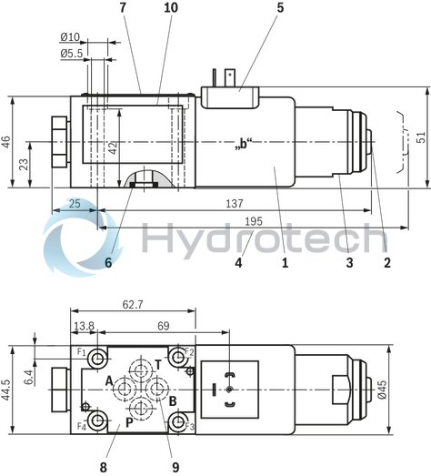 technical illustration-R901271235-3/2- or 4/2-way version Porting pattern according to ISO&nbsp;4401-03-02-0-05 (but without locating hole) Wet-pin DC solenoids Safe switching also with longer standstill periods under pressure Solenoid coil can be rotated by 90&deg; Electrical connection with individual connection With manual override, optional