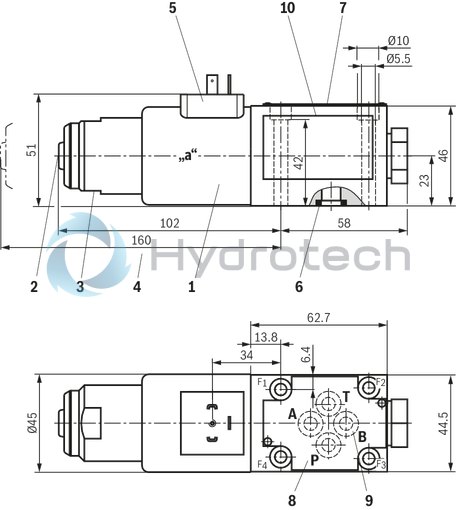 technical illustration-R901271235-3/2- or 4/2-way version Porting pattern according to ISO&nbsp;4401-03-02-0-05 (but without locating hole) Wet-pin DC solenoids Safe switching also with longer standstill periods under pressure Solenoid coil can be rotated by 90&deg; Electrical connection with individual connection With manual override, optional