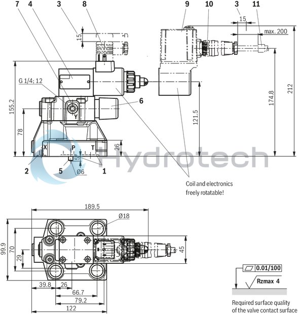 technical illustration-R901353020-Pilot-operated valves for system pressure limitation Controlled by proportional solenoid For subplate mounting and threaded connection: porting pattern according to ISO 6264 Maximum pressure relief function Valve and control electronics from a single source External control electronics (separate order)