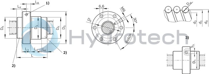 technical illustration-R252220001-Single nut with flange with recirculation caps FEP-E-S, size 25 x 25R x 3.5 - 4.8