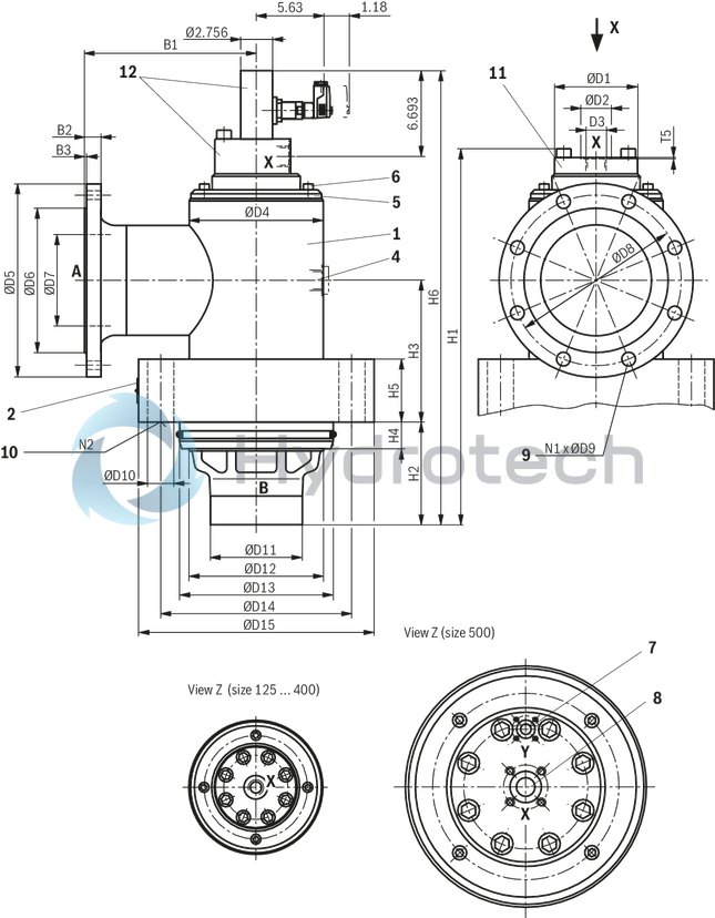 technical illustration-R900247925-Pilot operated check valve, with or without pre-decompression Flange connection Tank installation Cartridge valve without control open spool (check valve) Reduced switching noises due to damping measures Rotatable low-pressure connection (housing) Inductive position switch, optional Higher operating pressures, on request
