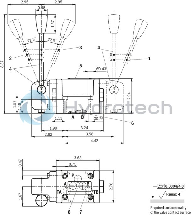 technical illustration-R901362411-4/3-, 4/2- or 3/2-way version Porting pattern according to ISO&nbsp;4401-05-04-0-05 Type of actuation: hand lever