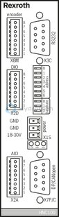 technical illustration-R901134616-For controlling 1 to 4 axes NC programming WinPed 7 operating software<br>
Not released for Windows 10! CE conformity according to EMC directive 2004/108/EC Freely configurable controller variants<br>
- Position control<br>
- Force control<br>
- Pressure control<br>
- Alternating position/pressure or position/force controls<br>
- Velocity control<br>
- Path-dependent decelerating<br>
- Synchronism (master/slave or mean principle) Bus connection (Sercos, PROFINET RT, EtherNet/IP) Actual value detection<br>
- Positional transducer: Incremental<br>
- Positional transducer: Absolute (SSI)<br>
‑ Analog 0 to &plusmn;10 V and 0 (4) to 20 mA Actuating variable output: voltage or current Service interface: RS232, optional TCP/IP