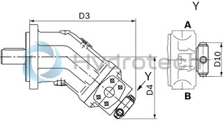 technical illustration-R902160046-Large variety of available nominal sizes allows exact adjustment to the application High power density Very high total efficiency High starting efficiency Working ports SAE flange or thread Optional with integrated pressure relief valve Optional with mounted addifitonal valve: counterbalance valve (BVD/BVE), flushing and boost-pressure valve Bent-axis design