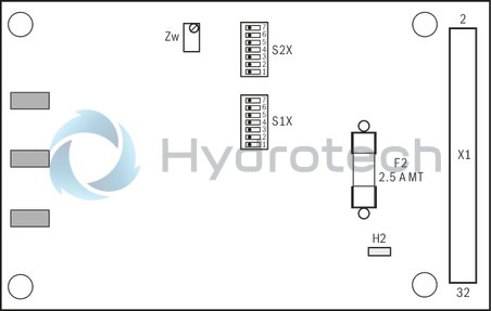 technical illustration-R978918205-Differential input, switchable from voltage to current input Additional non-isolated command value input Ramp generator, separately adjustable for upwards and downwards direction Cable break detection for current input 4 to 20&nbsp;mA Reverse polarity protection for the operating voltage Short-circuit protection and cable break detection of the solenoid conductor "Ready for operation" message Clocked power output stage
