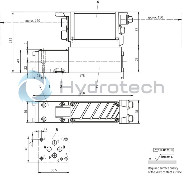 technical illustration-R901302671-Direct operated high-response valves with control spool and sleeve in servo quality Operated on one side, 4/4 fail-safe position in switched-off condition Integrated digital axis control functionality (IAC-R) for:<br>
- Position control with underlying velocity control<br>
- DSC functionality Analog sensor interface for current and voltage Digital sensor interfaces for:<br>
- 1 x length measurement system 1 Vpp or<br>
- 1 x length measurement system SSI or<br>
- 1 x length measurement system EnDat 2.2 Clock-synchronized command value presetting according to PROFIdrive profile V4.0<br>
- Telegram 5 or 105 PROFIBUS DP/V1, DP/V2 Quick start-up via PC and commissioning software