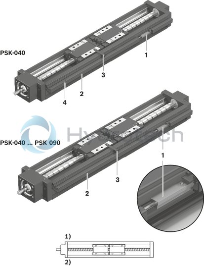 technical illustration-R030519868-Repeatability of up to &plusmn; 0.005 mm Positioning accuracy of up to &plusmn; 0.01 mm Guiding accuracy of up to &plusmn; 0.005 mm Quick installation and easy alignment of the axes thanks to the machined reference edge on the frame Simple motor mounting thanks to the centering recess and fastening thread Protection of the installation elements by selectable sheet cover