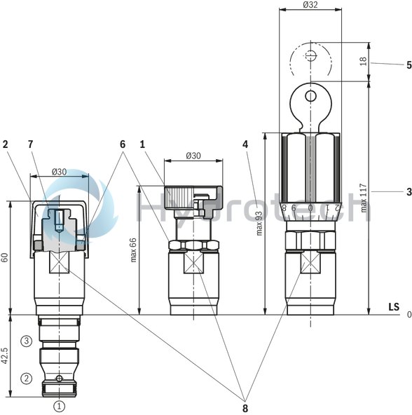 technical illustration-R901203917-Cartridge valve 4&nbsp;pressure ratings 4 optional adjustment types:&bull; Rotary knob&bull; Sleeve with hexagon and protective cap&bull; Lockable rotary knob with scale&bull; Rotary knob with scale