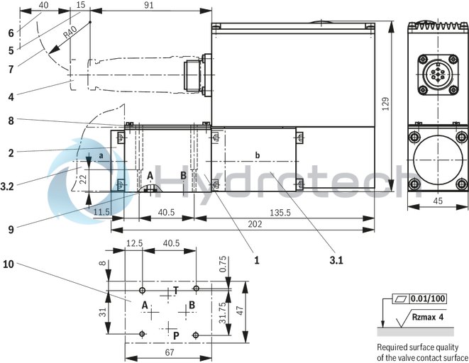 technical illustration-R901103271-Direct operated high-response directional valve with integrated control electronics (OBE) for the control of flow direction and size Suitable for position, velocity and pressure control purposes Operation by means of control solenoids Electrical position feedback High response sensitivity and low hysteresis Integrated electronics (OBE) For subplate mounting: Porting pattern according to DIN 24340 form A and ISO 4401 With Fail-safe position for 4/4-directional control valve