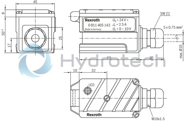 technical illustration-0811405144-Valve amplifier for proportional valves with 1 solenoid without position feedback