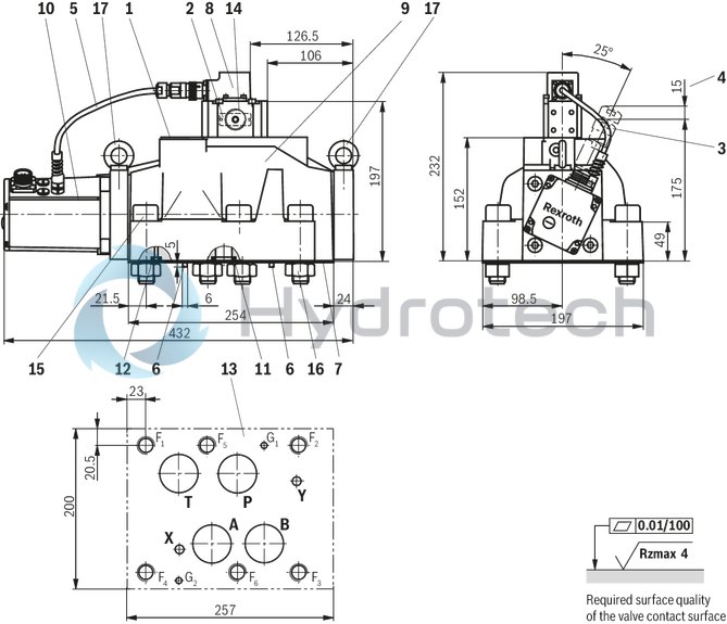 technical illustration-R901196749-Valve to control position, force, pressure or velocity 3-stage servo valve with electrical position control of the control spool of the 3rd stage, position sensing of the control spool by means of an inductive position transducer 2-stage pilot control valve of size 6 with high dynamics 1st stage nozzle/flapper plate amplifier Filter for 1st stage freely accessible and replaceable from the outside For subplate mounting: Porting pattern according to ISO 4401 Can also be used as 3-way version Valve and integrated control electronics are adjusted and tested Optimized valve control loop High response sensitivity, very low hysteresis and zero point drift Internal or external pilot oil supply and pilot oil return available Gap seals at pressure chambers of the control sleeve, no O-ring wear