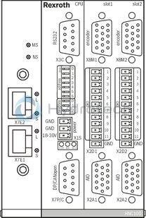 technical illustration-R901134616-For controlling 1 to 4 axes NC programming WinPed 7 operating software<br>
Not released for Windows 10! CE conformity according to EMC directive 2004/108/EC Freely configurable controller variants<br>
- Position control<br>
- Force control<br>
- Pressure control<br>
- Alternating position/pressure or position/force controls<br>
- Velocity control<br>
- Path-dependent decelerating<br>
- Synchronism (master/slave or mean principle) Bus connection (Sercos, PROFINET RT, EtherNet/IP) Actual value detection<br>
- Positional transducer: Incremental<br>
- Positional transducer: Absolute (SSI)<br>
‑ Analog 0 to &plusmn;10 V and 0 (4) to 20 mA Actuating variable output: voltage or current Service interface: RS232, optional TCP/IP