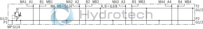 technical illustration-R900731949-Base element for ready-for-connection controls in vertical stacking design Compact hydraulic controls Common pump and tank line Separate actuator ports of the stations Measuring ports in the actuator lines Mounting of NG6 sandwich plates and valves Pressure relief valve type DBD in pressure line P Connection possibility of a pressure gauge in pressure line P