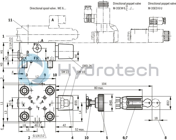 technical illustration-R900912804-Size 16, manual maximum pressure adjustment that can be switched off, with installation surface ISO4401