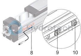 technical illustration-R039013001-Protection of the guideway and drive components by sealing strip (excluding MKK-165) Idler (non-drive) end enclosure: with integrated belt-tensioning system. The belt pulley system is equipped with ball bearings that have lifelong lubrication The Rexroth Ball Rail System features one-point lubrication from both sides; one-point lubrication is only suitable for grease lubrication with a manual grease gun Individual lubrication versions for connection to one-point lubrication systems (only for product generation 3) Attachments are fastened to the carriage using T-slots or threaded holes Ball Guide Rail with corrosion-resistant coating, Ball Runner Block made of corrosion-resistant steel (only for product generation 3) Absolute position measuring system IMS-A directly integrated into the guide system (for MKR-080 and MKR-110, product generation 3) With planetary gearbox with various gear ratios and versions for optimizing external load to motor inertia. Servo motor with multi-turn encoder, 1-cable or 2-cable connection, with or without holding brake Magnetic field sensors can be mounted without additional attachments directly onto the profile body (only for product generation&nbsp;3) Switch (proximity or mechanical), cable duct, socket-plug and extension cable Extensive accessories for connection and clamping elements and connecting shafts Nameplate with technical parameters for easy start-up