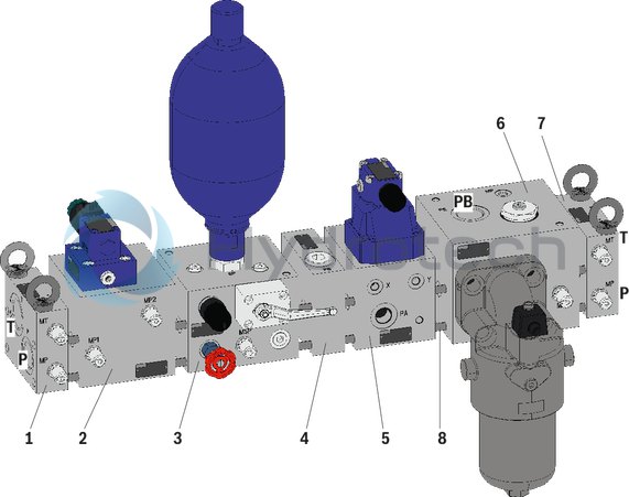 technical illustration-R900773110-Modular block system for set-up of controls in a compact construction, ready for connection Different sizes of one frame size can be combined in any order Pressure and tank ports for all control circuits on both front sides of the mounted IH20 stacking assemblies Separate actuator ports A and B per control circuit The material number includes the respective segment with all plug screws and seals Functional elements such as valves or nozzles are not included For detailed circuit diagrams and device lists of a complete IH20 stacking assembly see the respective order documentation
