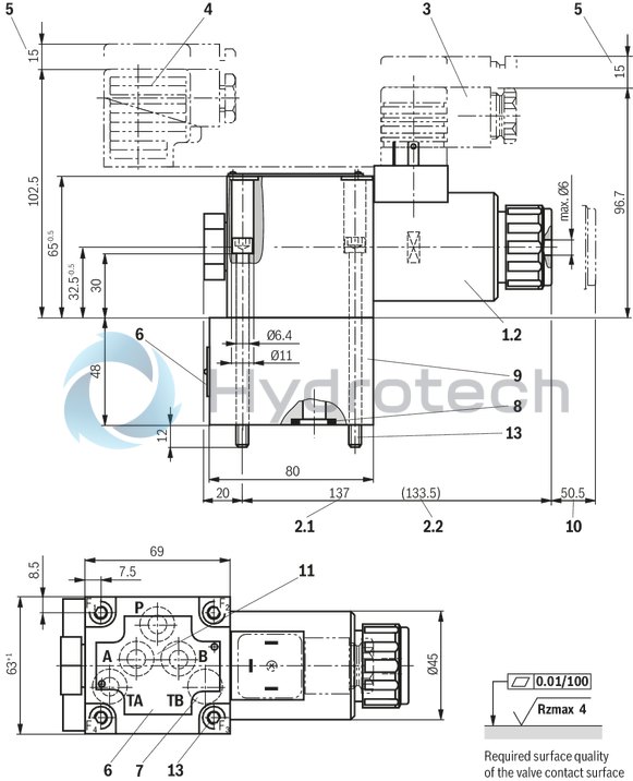technical illustration-R901351760-Direct operated directional seat valve with solenoid actuation Subplates (separate order) Blocked connection is leak-tight Reliable switching when under pressure over longer periods of standstill Wet-pin DC solenoids with detachable coil (AC voltage possible by means of a rectifier) Solenoid coil is rotatable by 90&deg; The coil can be changed without having to open the pressure-tight chamber Electrical connection as individual connection With concealed manual override, optional Inductive position switch and proximity sensors (contactless)