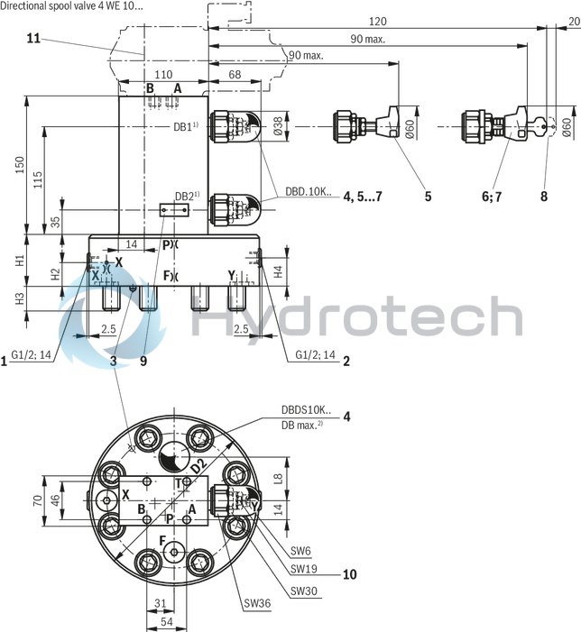 technical illustration-R901091611-Size 63, manual pressure adjustment, triple, switchable, with mounting surface ISO4401