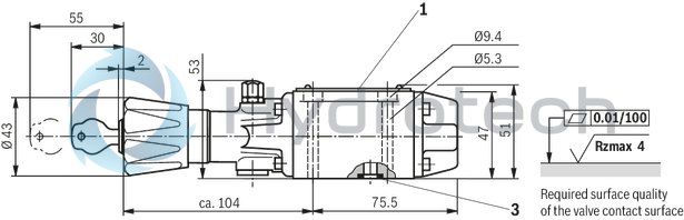 technical illustration-R900338009-4/3-, 4/2- or 3/2-way version Porting pattern according to DIN&nbsp;24340 form A (without locating hole) Porting pattern according to ISO&nbsp;4401-03-02-0-05 (with locating hole) Type of actuation: Rotary knob Inductive position switch and proximity sensors (contactless)