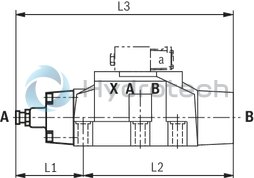 technical illustration-R901407515-Type of actuation: pneumatic-hydraulic For subplate mounting Porting pattern according to ISO&nbsp;4401 Subplates according to data sheets 45054 to 45060 (separate order) Spring centering, spring end position or hydraulic end position Optional auxiliary operating device Switching time adjustment, optional Preload valve in channel P of the main valve, optional Stroke setting at main spool, optional Stroke setting and/or end position control, optional Inductive position switch and proximity sensors (contactless)
