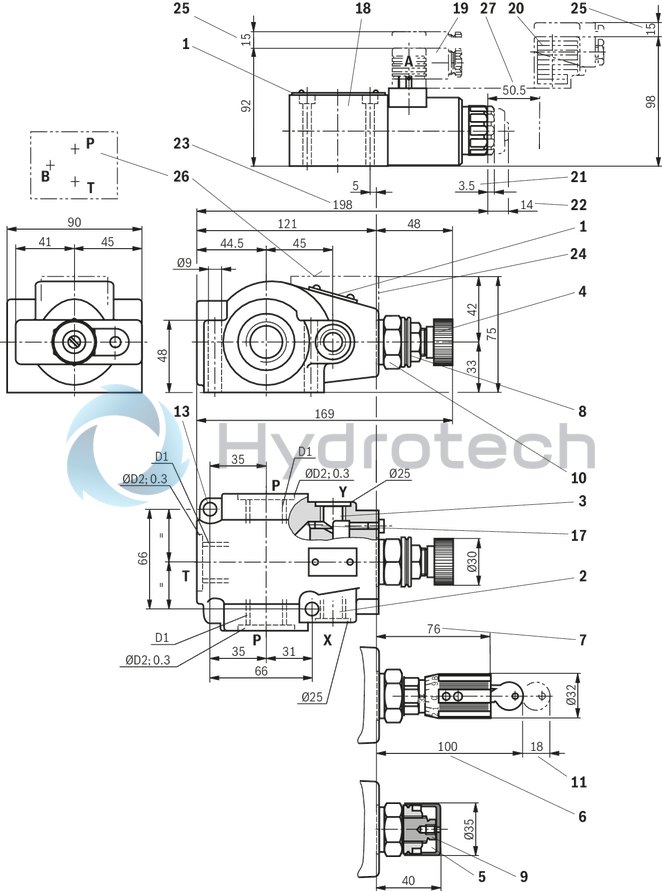 technical illustration-R901223095-For subplate mounting<br>
Porting pattern according to ISO&nbsp;6264-06-09-*-97 (NG10) and ISO&nbsp;6264-08-13-*-97 (NG25) For threaded connection 4 adjustment types for pressure adjustment, optionally<br>
• Rotary knob<br>
• Sleeve with hexagon and protective cap<br>
• Lockable rotary knob with scale<br>
• Rotary knob with scale 5 pressure ratings
