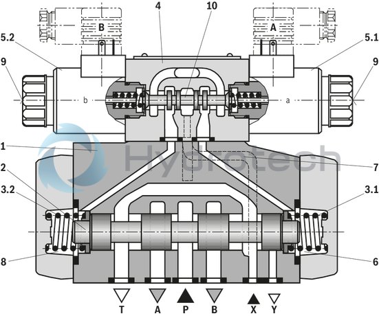 technical illustration-R978024207-Types of actuation (internal or external pilot control): Electro-hydraulic (type WEH) For subplate mounting Porting pattern according toISO&nbsp;4401 4/3-, 4/2- or 3/2-way version Spring or pressure centering, spring end position or hydraulic end position Wet-pin DC or AC solenoids, optional Electrical connection as individual or central connection Optional versions:<br>
- Manual override<br>
- Switching time adjustment<br>
- Preload valve in channel P of the main valve<br>
- Stroke setting and/or spool position monitoring
