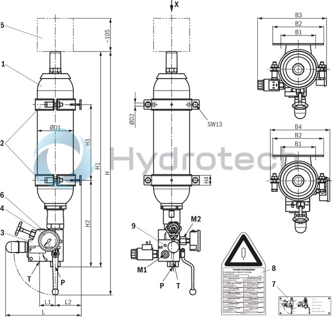 technical illustration-R901488640-Accumulator station with shut-off block Bladder-type accumulators Shut-off block with integrated shut-off valve, safety valve (type-examination tested) and drain valve Drain valve can be operated manually or optionally electrically Glycerin-filled pressure gauge with red indication of the maximum admissible operating pressure on the dial Console for weld or screw connection Assembly prepared for external equipotential bonding