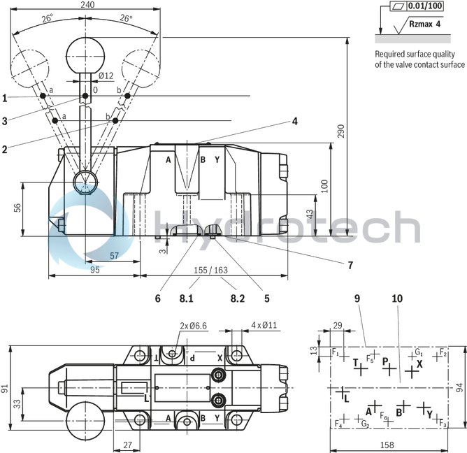 technical illustration-R900713421-Direct operated directional spool valve with hand lever actuation Porting pattern according to DIN&nbsp;24340&nbsp;form&nbsp;A and ISO&nbsp;4401 with spring return or detent, optional Actuation mechanism protected against contamination and humidity ingress Head end with actuation mechanism exchangeable without disassembly of the valve Inductive position switch and proximity sensors (contactless)