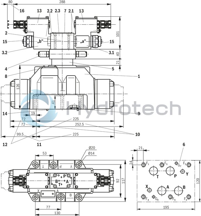 technical illustration-R901427470-For intended use in potentially explosive atmosphere For subplate mounting Porting pattern according to ISO&nbsp;4401 Spring centering, spring end position or hydraulic end position wet-pin DC or AC solenoids Solenoid coil is rotatable by 90&deg; Optional auxiliary operating device Electrical connection as individual connection with cable gland Switching time adjustment, optional Preload valve in channel P of the main valve, optional