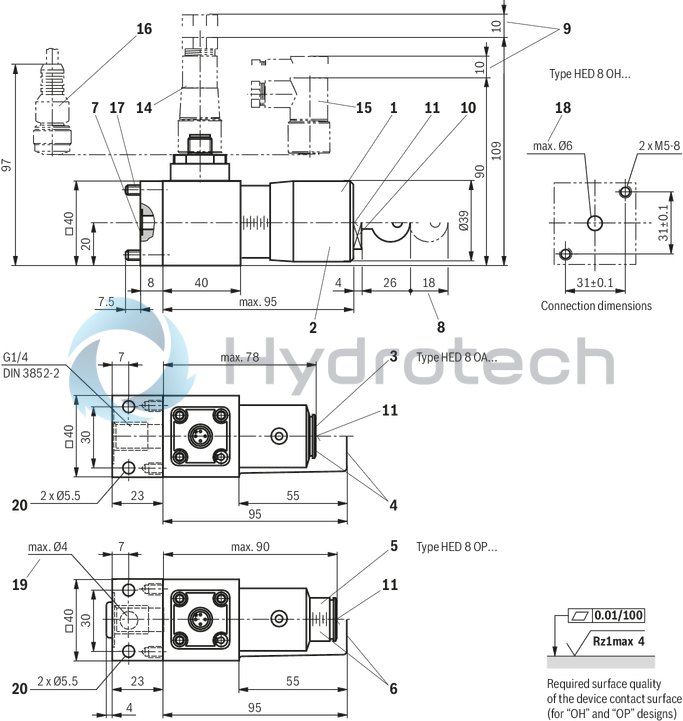 technical illustration-R901102362-200 bar, micro switch with NC contact/NO contact function, device connector DIN EN 175301-803 (large cubic connector)