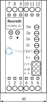 technical illustration-R901080966-Differential input for voltage Ramp generator with separately adjustable ramp times "up/down" Adjustable zero point and sensitivity Enable input Cable break detection for actual value cable Reverse polarity protection for the operating voltage LED displays for ready for operation and enable