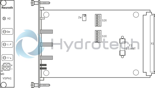 technical illustration-R978918205-Differential input, switchable from voltage to current input Additional non-isolated command value input Ramp generator, separately adjustable for upwards and downwards direction Cable break detection for current input 4 to 20&nbsp;mA Reverse polarity protection for the operating voltage Short-circuit protection and cable break detection of the solenoid conductor "Ready for operation" message Clocked power output stage