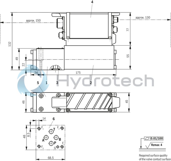 technical illustration-R901259464-Direct operated high-response valves with control spool and sleeve in servo quality Operated on one side, 4/4 fail-safe position in switched-off condition Integrated digital axis control functionality (IAC-R) for:<br>
- Position control with underlying velocity control<br>
- DSC functionality Analog and digital interfaces for command and actual values<br>
- 4 x analog sensors (+/-10 V or 4 ... 20 mA) or<br>
- 1 x length measurement system (1 Vpp or SSI) and 2 analog sensors Command value presetting/actual value response analog (current or voltage) via field bus Analog/digital inputs/outputs, configurable Fieldbus connection<br>
- CAN bus with CANopen protocol DS408<br>
- Profibus-DP Vo/V1 Quick start-up via PC and commissioning software